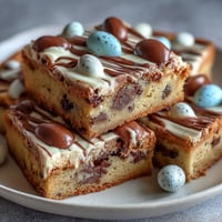 Chewy blondies loaded with Cadbury Mini Eggs and drizzled with white chocolate—perfect for Easter dessert tables.