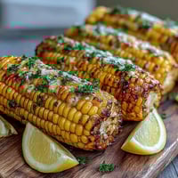 Microwave corn on the cob drizzled with rich garlic butter, golden kernels glistening on a white plate.  
