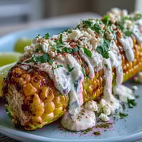 A bowl of elote-style microwave corn on the cob, coated in creamy sauce and topped with crumbled Cotija cheese and chili powder.