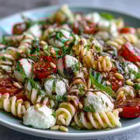 Vibrant summer pasta salad with cherry tomatoes, mozzarella, and fresh basil in a light balsamic dressing.