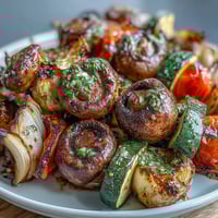 Summer Grilled Veggie Skewers with Chimichurri sizzling on the grill, colorful vegetables charred to perfection and glistening with olive oil.