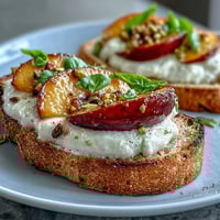 Honey peach burrata toast with golden peaches, creamy cheese, and honey drizzle on rustic sourdough.