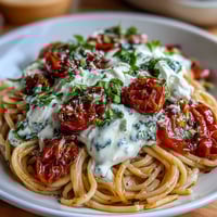 A bowl of caprese pasta with burrata, cherry tomatoes, and fresh basil leaves on a rustic wooden table.  