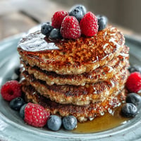 Golden brown High Fiber Protein Pancakes, fluffy and stacked with berries.